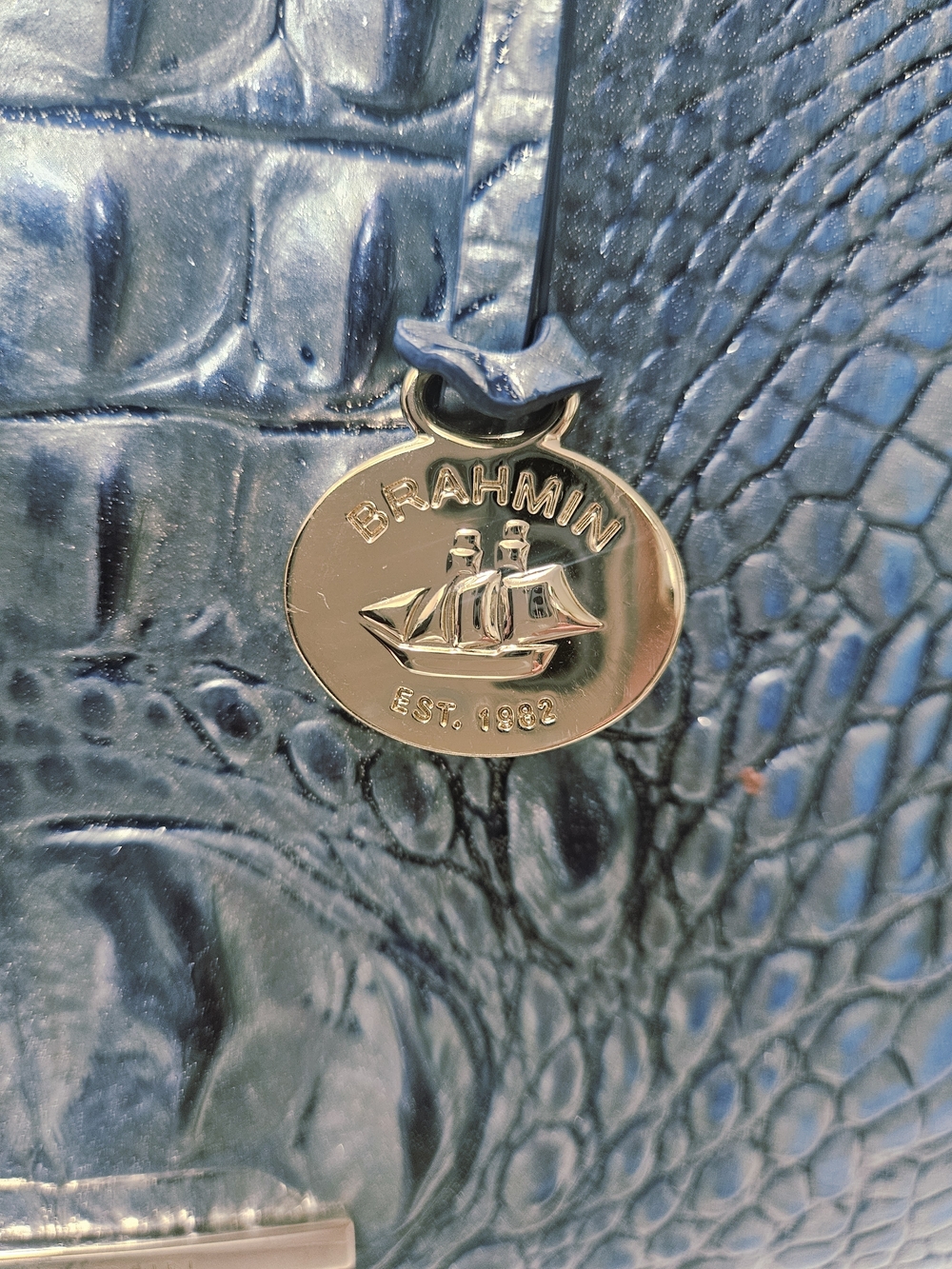 NWOT Brahmin Duxbury Satchel Blue Metallic Croc Embossed Leather Handbag + Strap - Picture 10 of 16